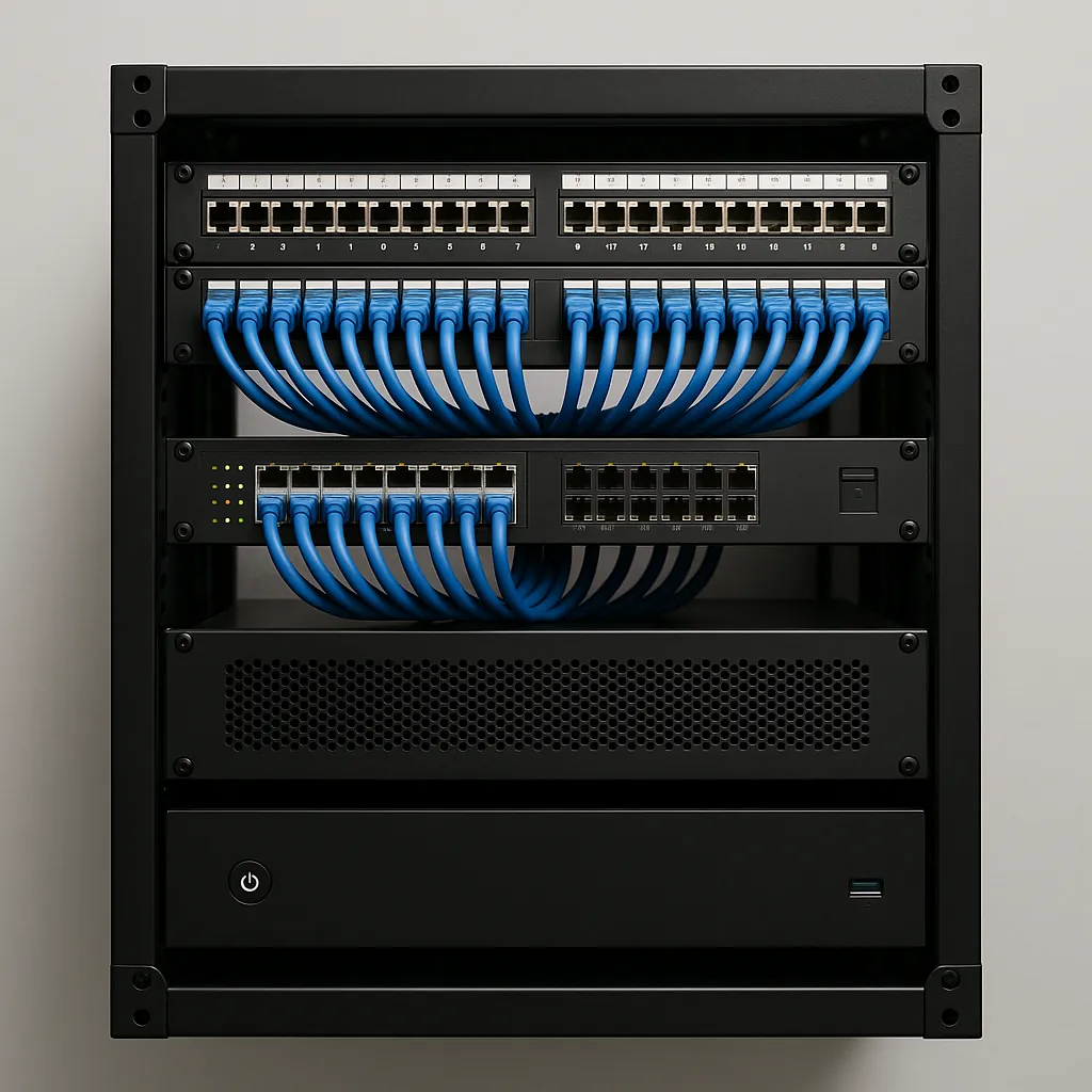 Network rack with organized patch panels and switches